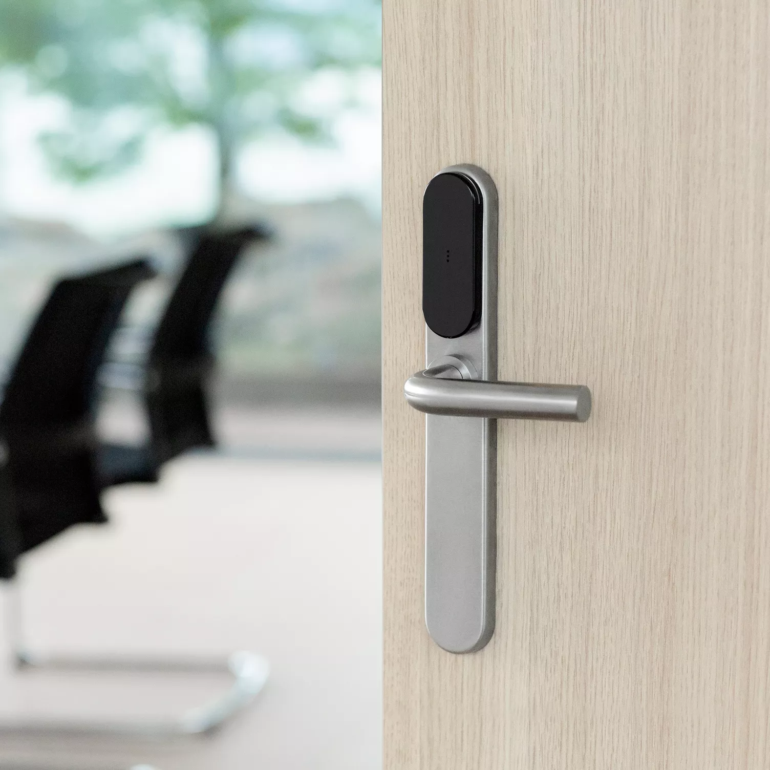 i-max electronic lock installed on a wooden hotel door